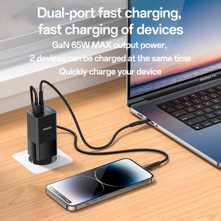 Yesido YC73 65W USB and USB-C / Type-C Dual Port GaN Fast Charger Set, EU Plug