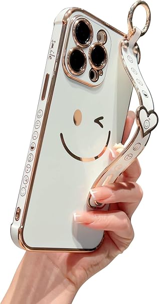 جراب مطلي بالكهرباء من مادة TPU الناعمة بتصميم وجه مبتسم متوافق مع [iPhone 16، 16Plus، 16Pro، 16ProMax مع حلقة وحزام مسند وحواف مرتفعة لـ&gt;&gt; (وردي، iPhone 16 Pro)
