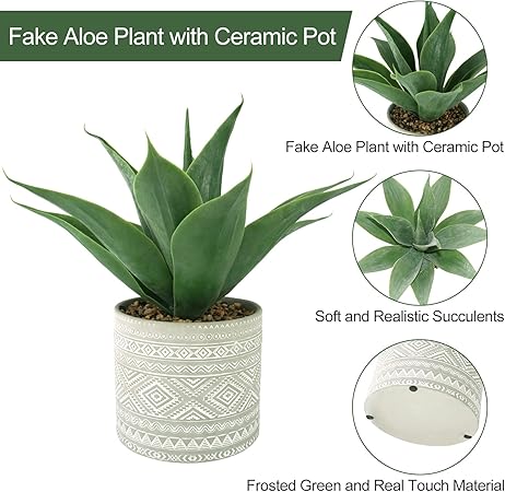 Hisow Artificial Potted Plants, 13.8" Artificial Succulent Fake Aloe, Large Faux Aloe Plant in Pot for Home Office Room Badroom Garden Decor (Grey)