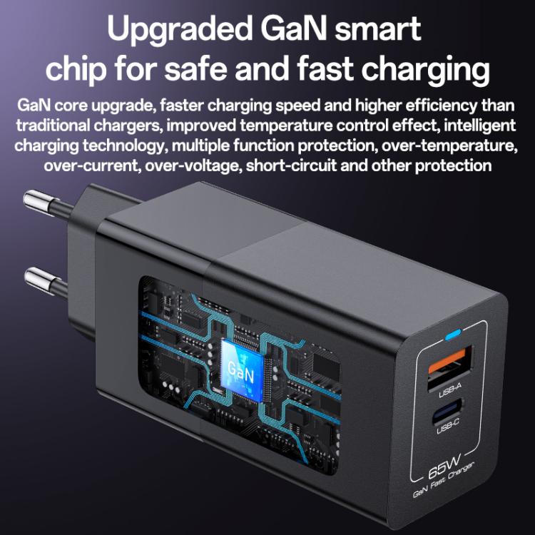Yesido YC73 65W USB and USB-C / Type-C Dual Port GaN Fast Charger Set, EU Plug
