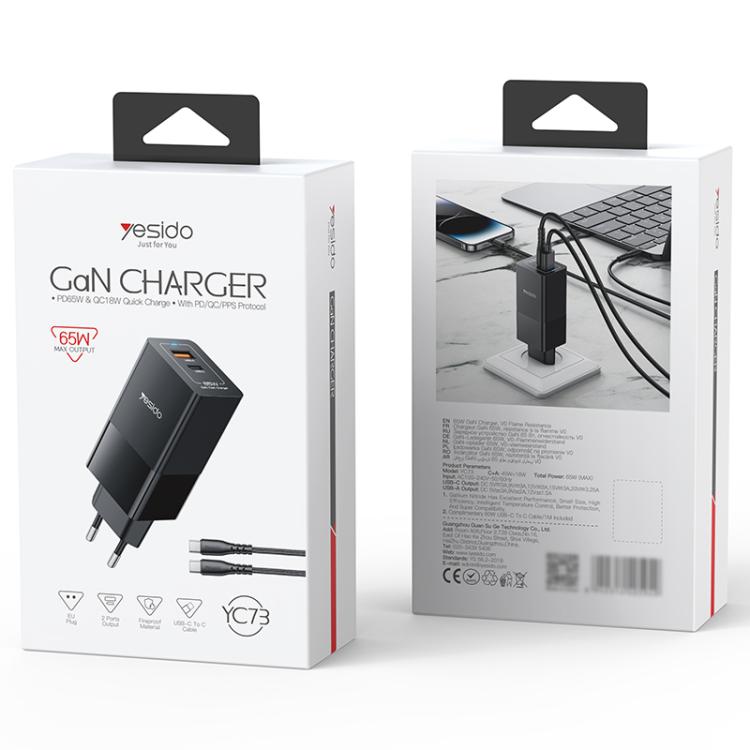 Yesido YC73 65W USB and USB-C / Type-C Dual Port GaN Fast Charger Set, EU Plug