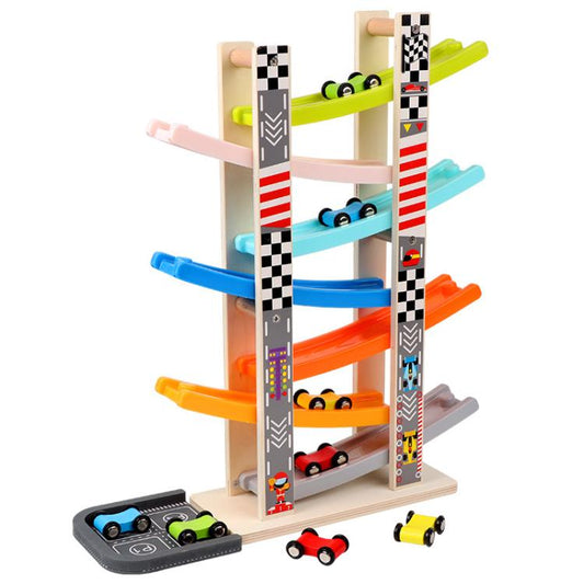 Wooden Fun Multi Track Game Gliding Car Inertia Slide With Parking Lot Puzzle Parent-child Toys, 7 Layers, 4 Layers
