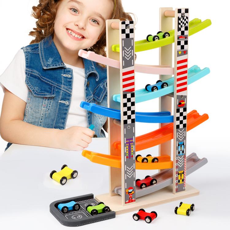 Wooden Fun Multi Track Game Gliding Car Inertia Slide With Parking Lot Puzzle Parent-child Toys, 7 Layers, 4 Layers