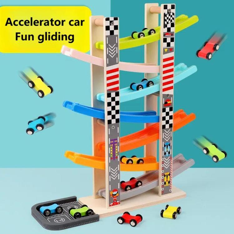 Wooden Fun Multi Track Game Gliding Car Inertia Slide With Parking Lot Puzzle Parent-child Toys, 7 Layers, 4 Layers
