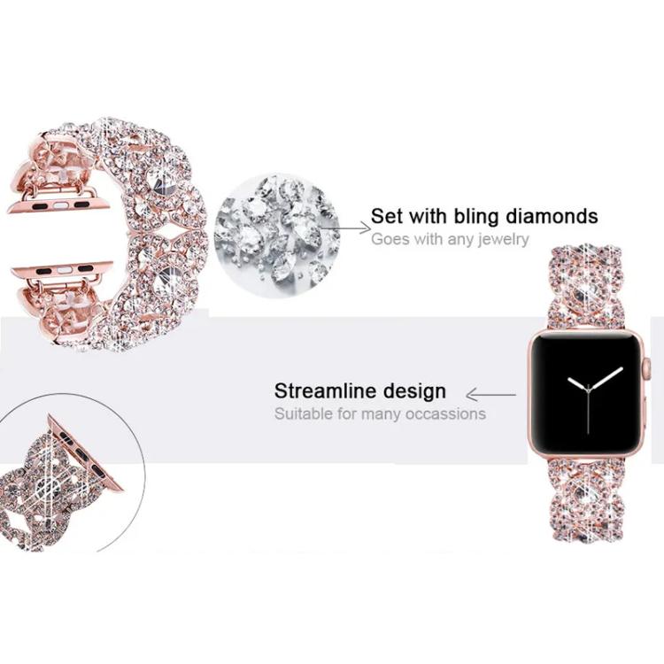 Petaled Metal Diamond Wristband Strap for Apple Watch Series 9/8/7/6/SE/5/4/3 – Silver, Black, Rose Gold, Gold