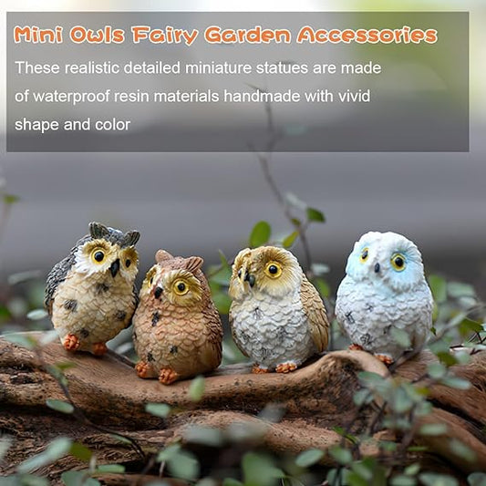 Owl Shaped The Branch 4pcs Resin Statue-Mini Size of 4.15'' Tall Realistic Pest and Bird Deterrent Sculpture Defender of The Garden Figurine for Home and Office Decor Bonsai Crafts